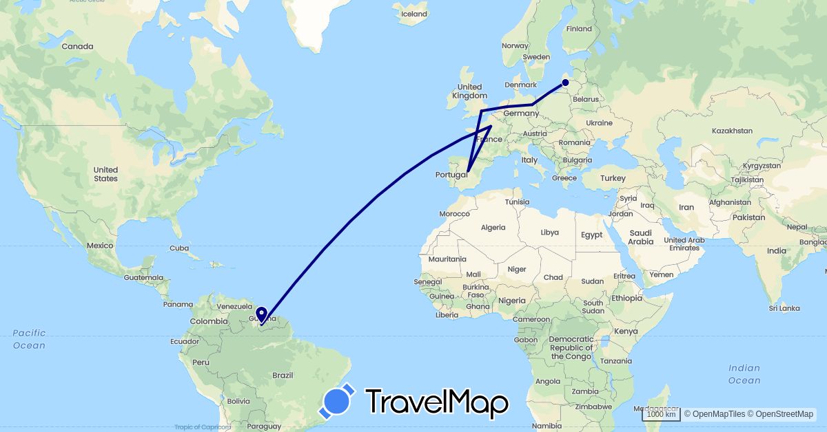 TravelMap itinerary: driving in Germany, Spain, France, United Kingdom, Guyana, Lithuania (Europe, South America)
